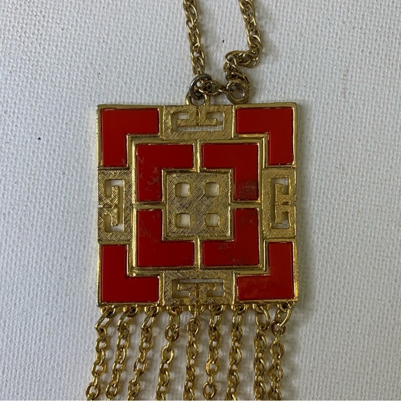 Asian Art Deco Red Enamel Dangling Chains Tassel Necklace Gold Tone Jewelry VTG - Picture 6 of 8